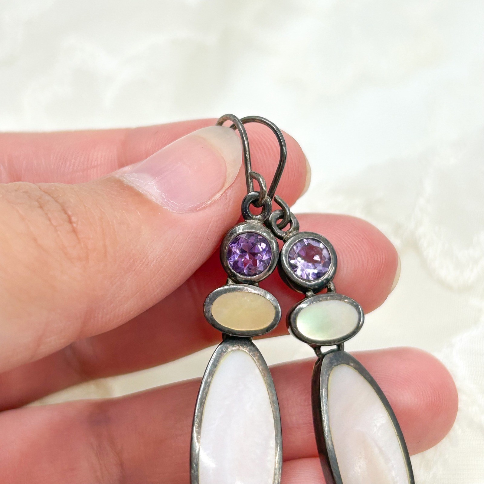 Vintage Sterling Silver Drop Earrings Amethyst/Purple Stone Shell Stone