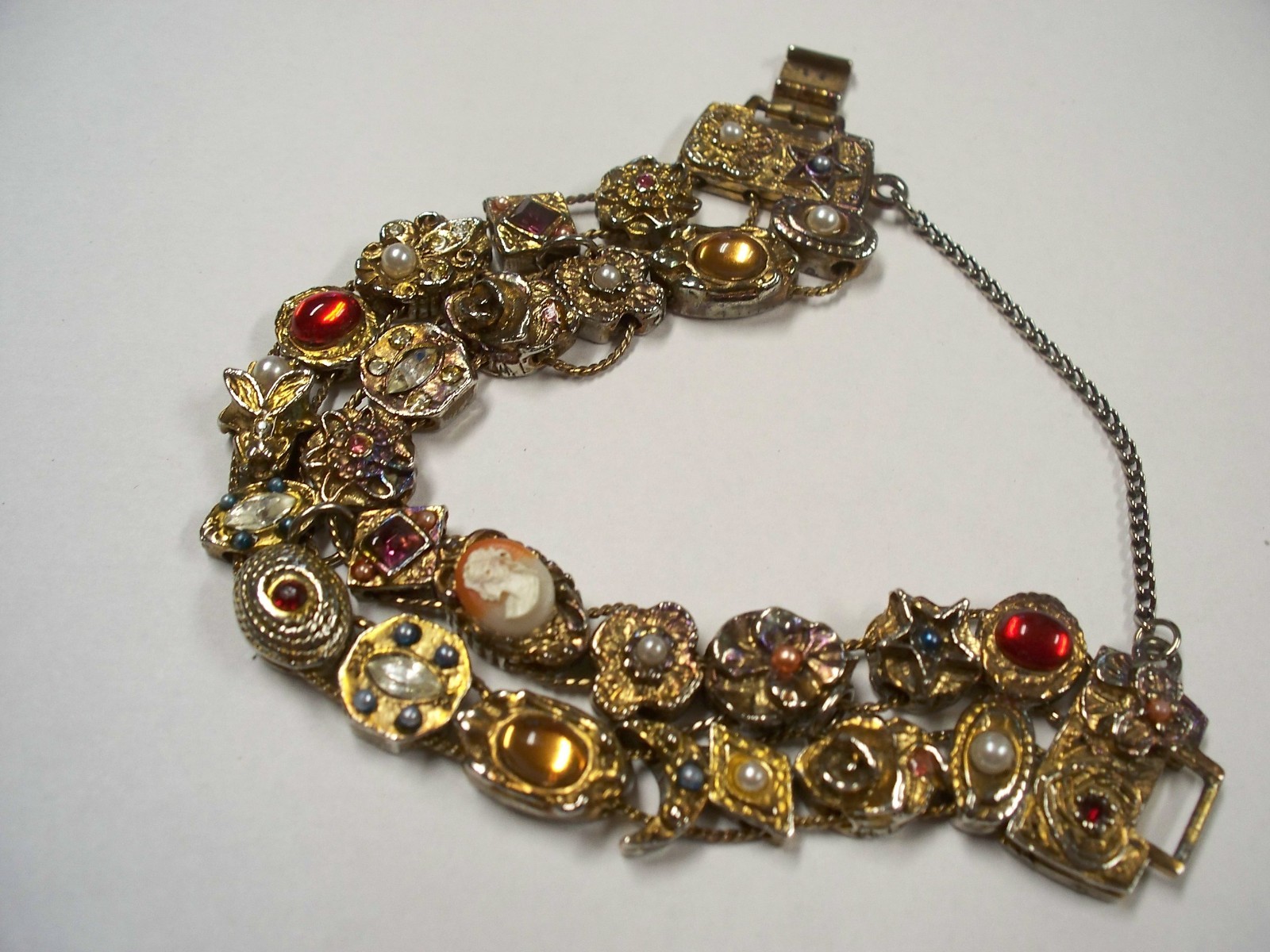 Vintage Faux Jewel Slide Double Row Charm Bracelet Cameo Amethyst Rhinestones