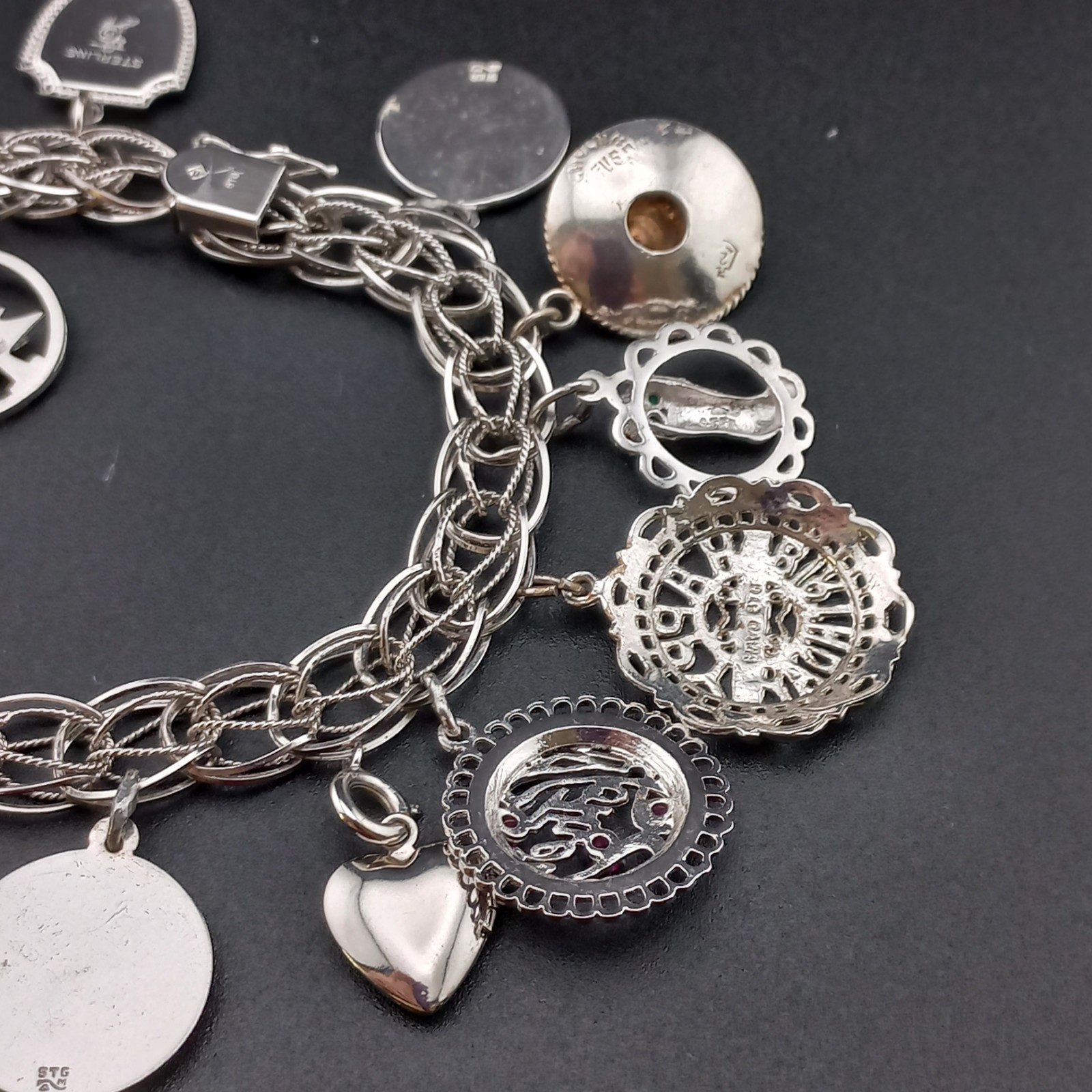 VTG Sterling Silver Charm Bracelet 44g 15 Charms Loaded Mother Travel 925 Heavy