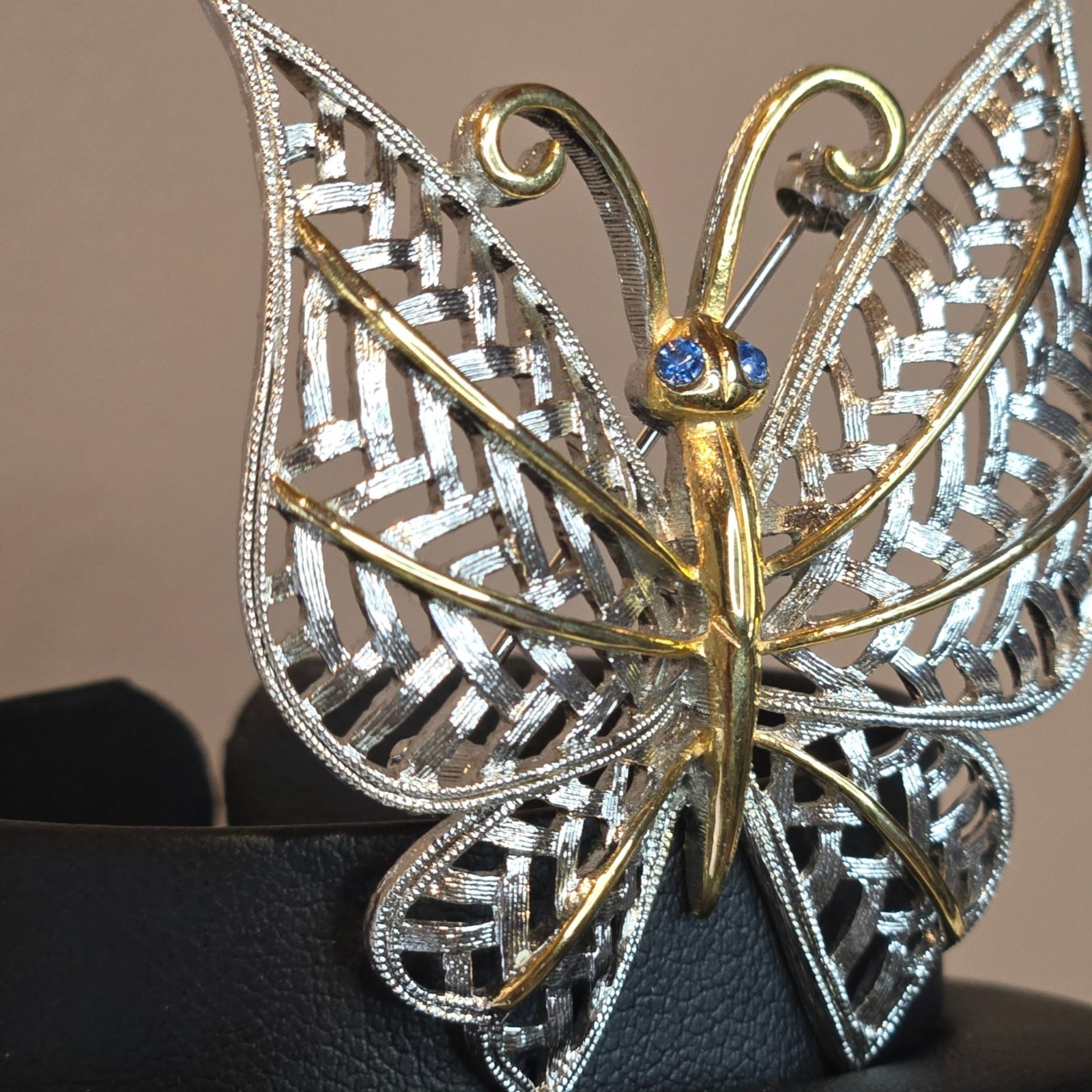 Vintage Avon Butterfly Brooch Silver Gold Tone Filigree Blue crystal Rhinestones