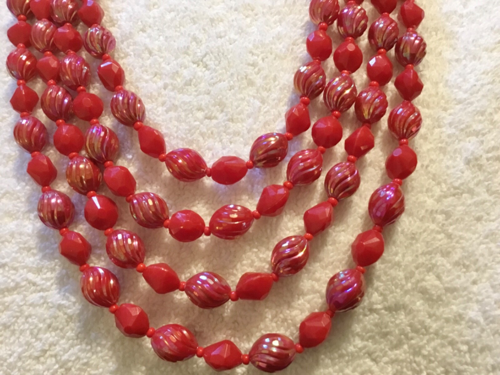 Vintage Western Germany Red/Red Iridescent 4 Stranded Beaded Necklace