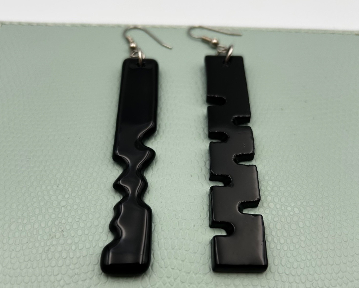 Vintage 1980s Black Glass Notch Dangle Earrings 3″ Different Shapes Retro Goth