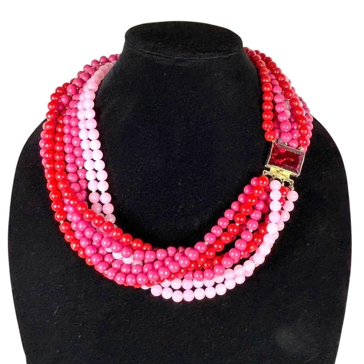 Hattie Carnegie Statement Bead Necklace Pink Red Multistrand 1950s Signed