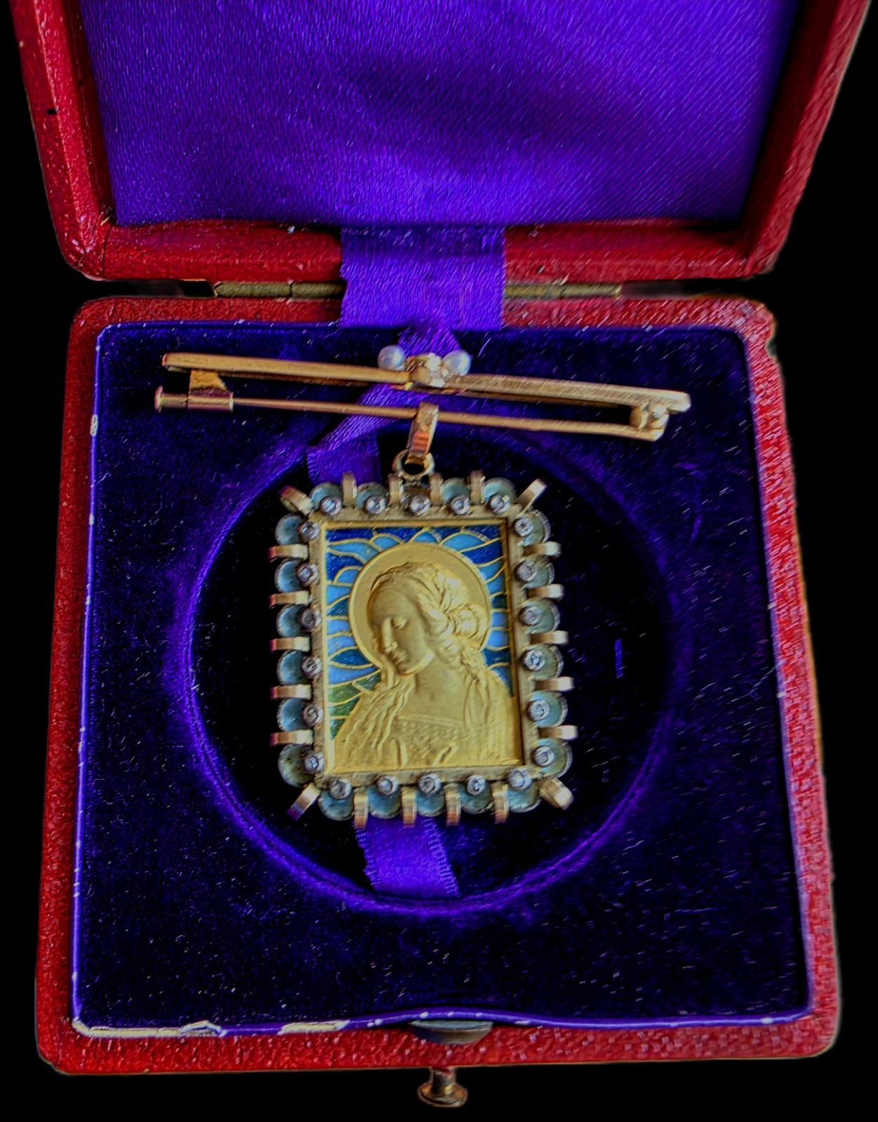 Fine Antique Art Deco 18K Gold Plique a Jour Virgin Mary Pendant Brooch C 1930