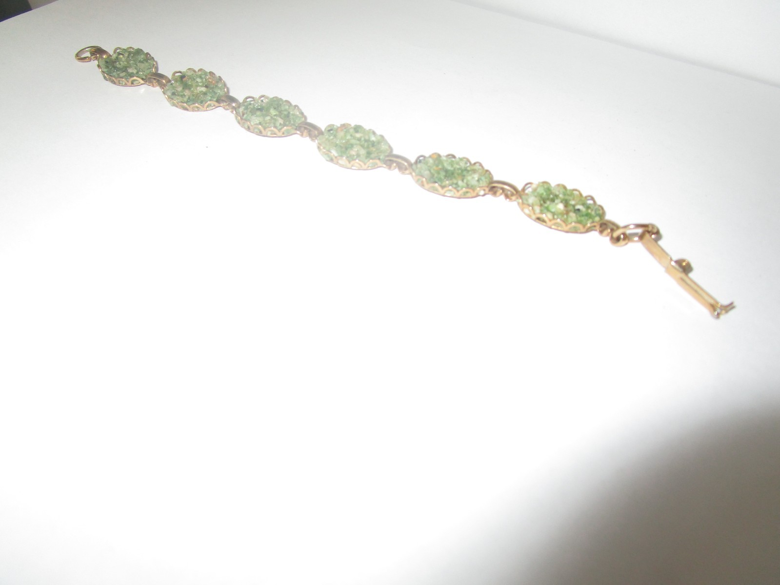 Vintage Gold Tone Link Bracelet w/Green Stones Size Small