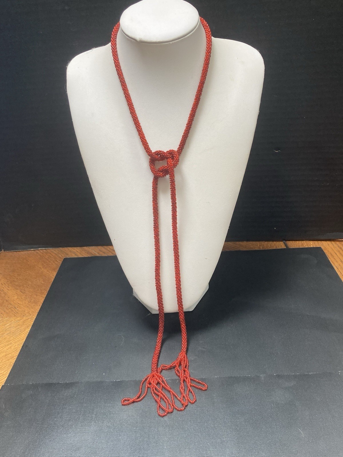Vintage Lariat Necklace Flapper Red Beaded Tassel 45” Soft Lightweight Easy