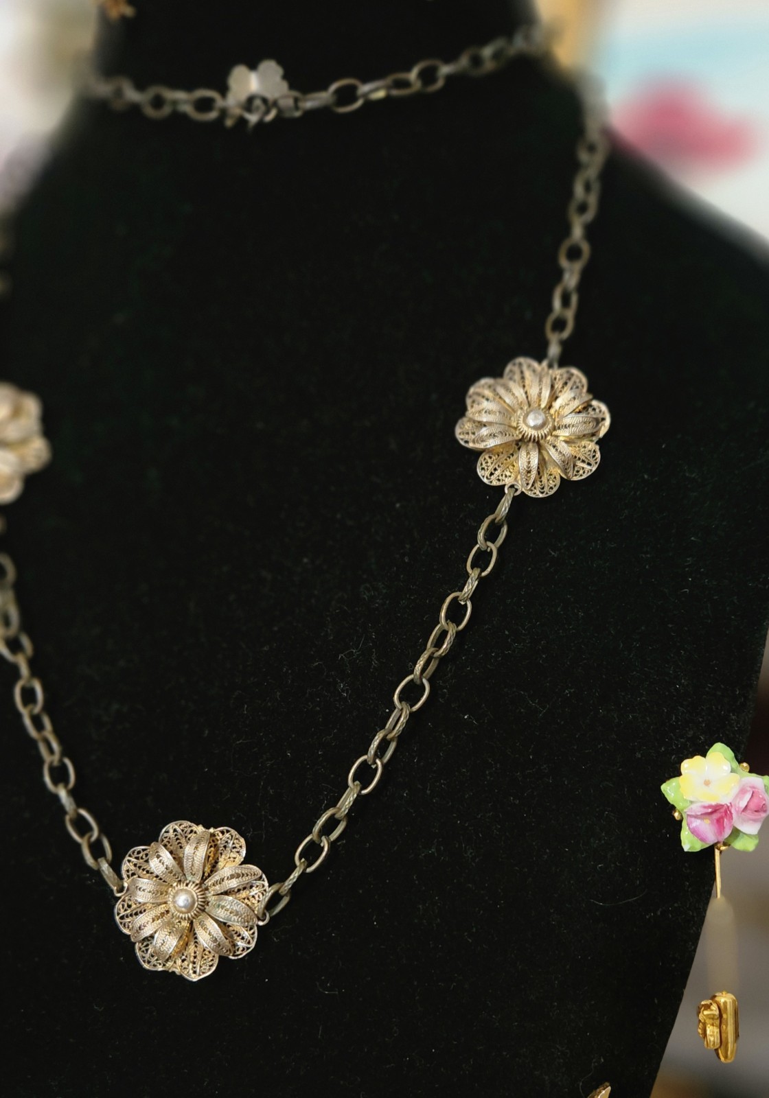 VTG Silver (tested) Filigree Flower Station Charms On Bronze-tone Chain