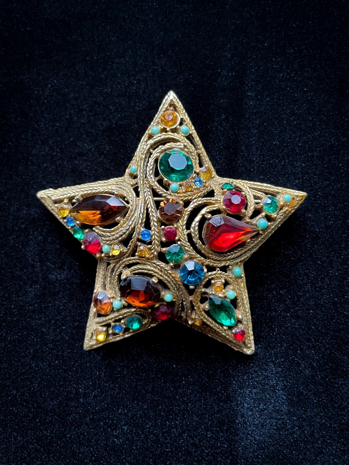 Vintage La Roca Gold Alloy Multicolor Rhinestone Star Brooch