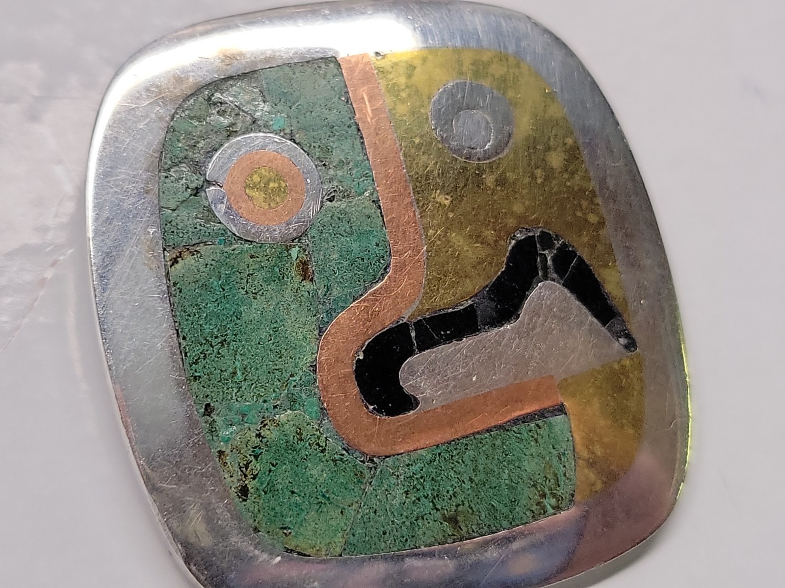 1953 LOS CASTILLO STERLING SILVER MALACHITE EARRINGS & BROOCH/PENDANT SET