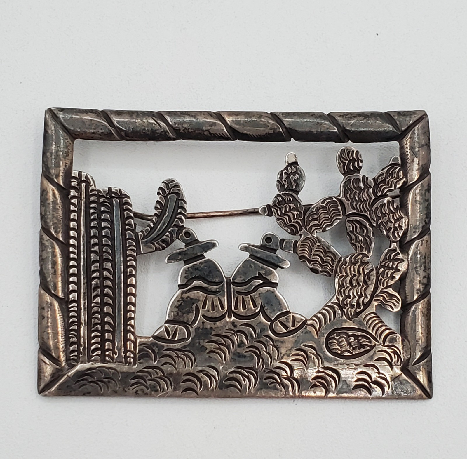 Mexican 980 Silver Brooch 2in Siesta Men Cactus Scene Handmade 17.1g Fine VTG