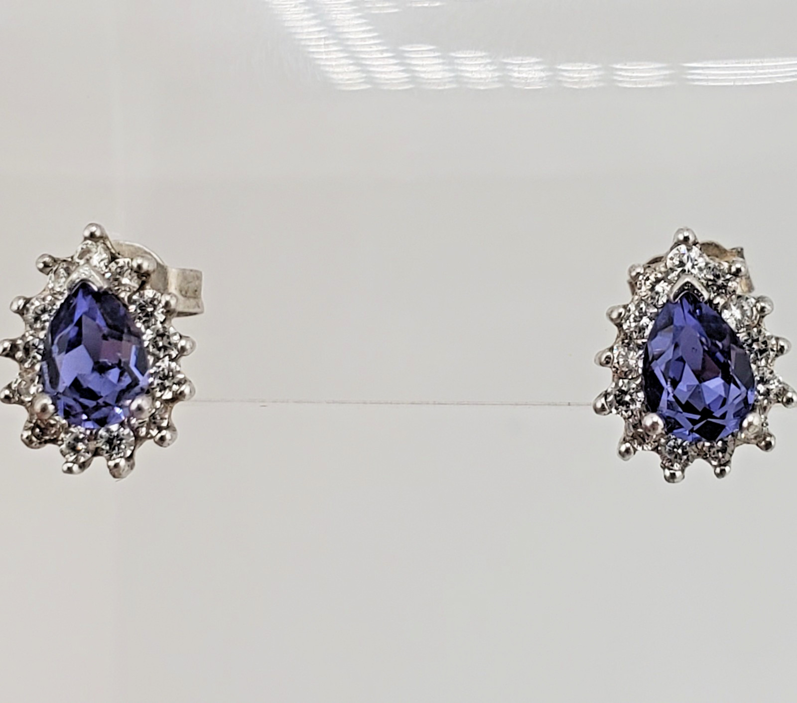 VTG 925 Purple Blue Pear Cut Crystal Stud Earrings Sterling Silver 1g Halo CZ S