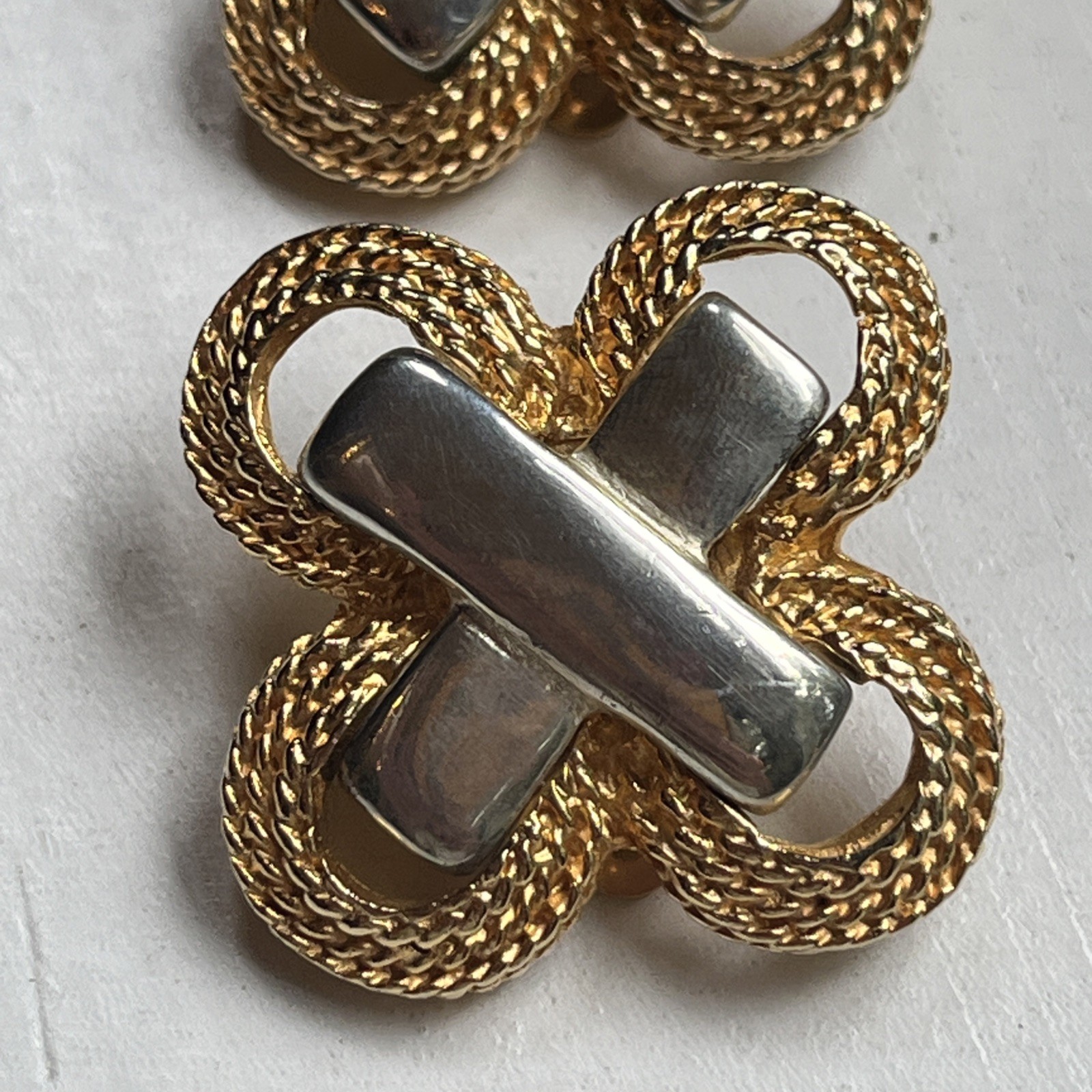 Vintage Gay Boyer Two Tone Gold Silver Braided Statement Clip On Earrings 1980s