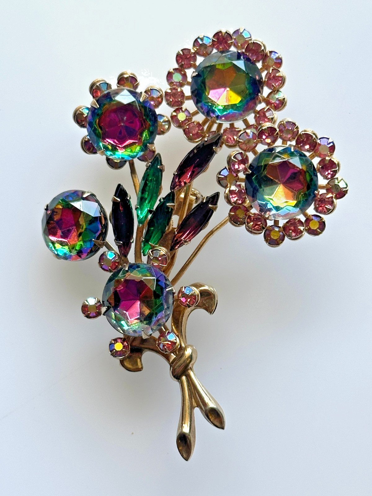 Vintage Large Watermelon AB Rhinestone Flower Bouquet Brooch Stunning Unsigned