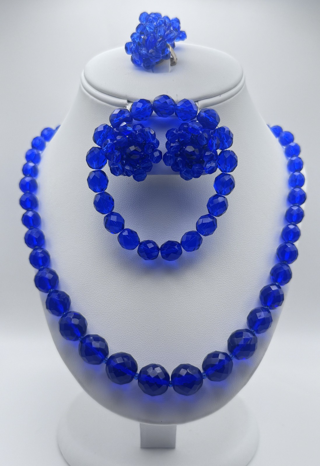 VTG Blue Glass Bead Necklace Bracelet Pierced and Clip On Earrings Set