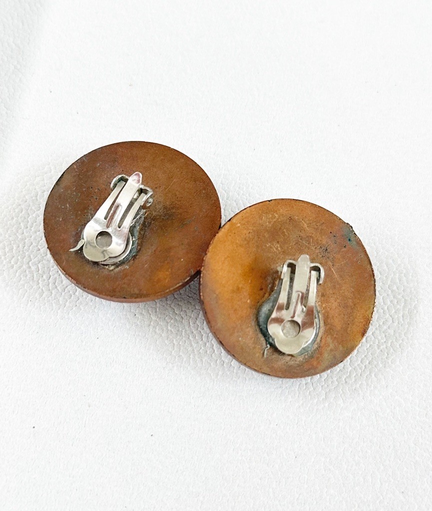 Vintage 80s Statement Clip On Earrings Blue Acrylic Stone Copper Tone Retro Bold