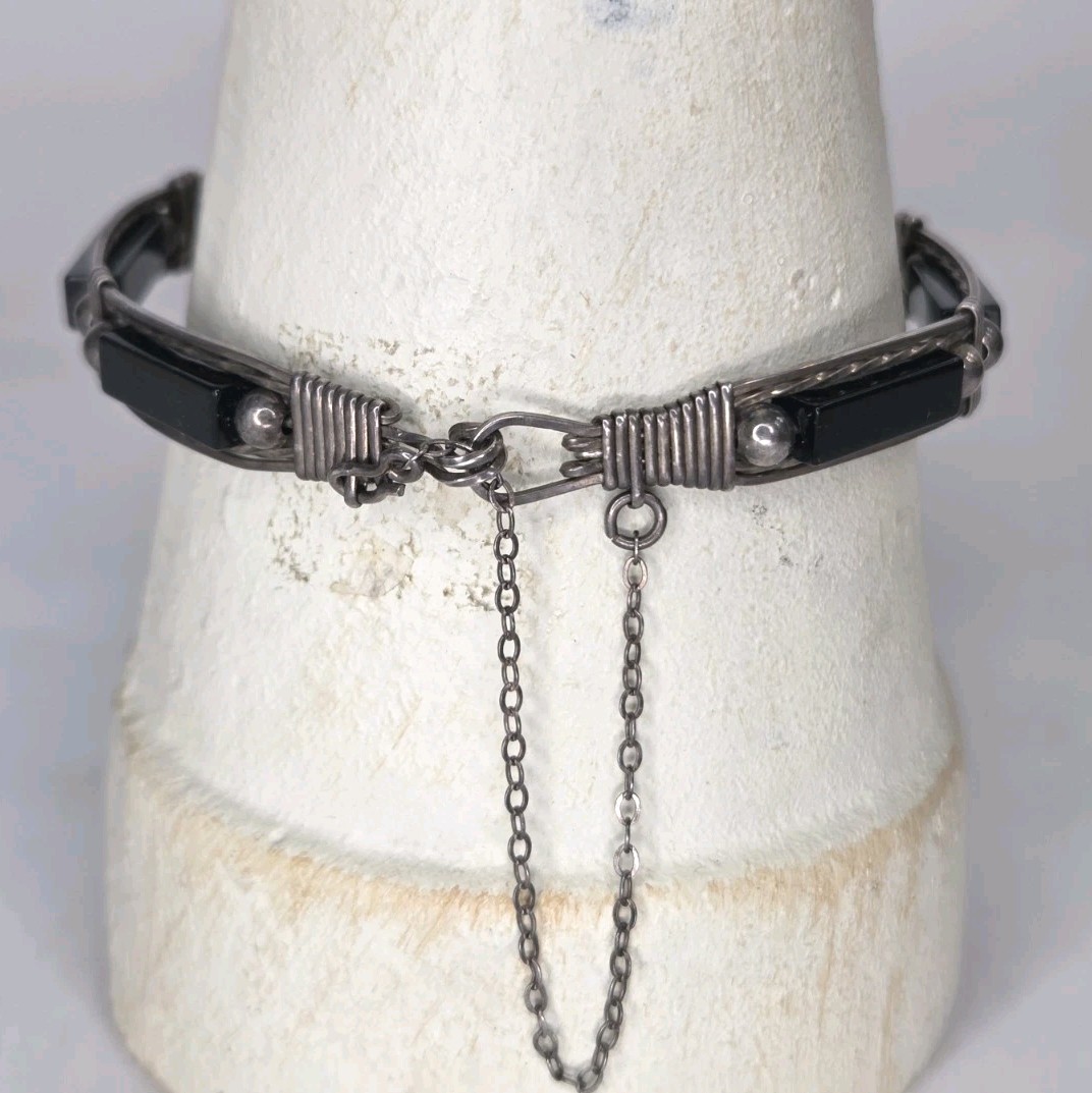 Vintage Sterling Silver Black Onyx Wire Wrapped Link Bracelet