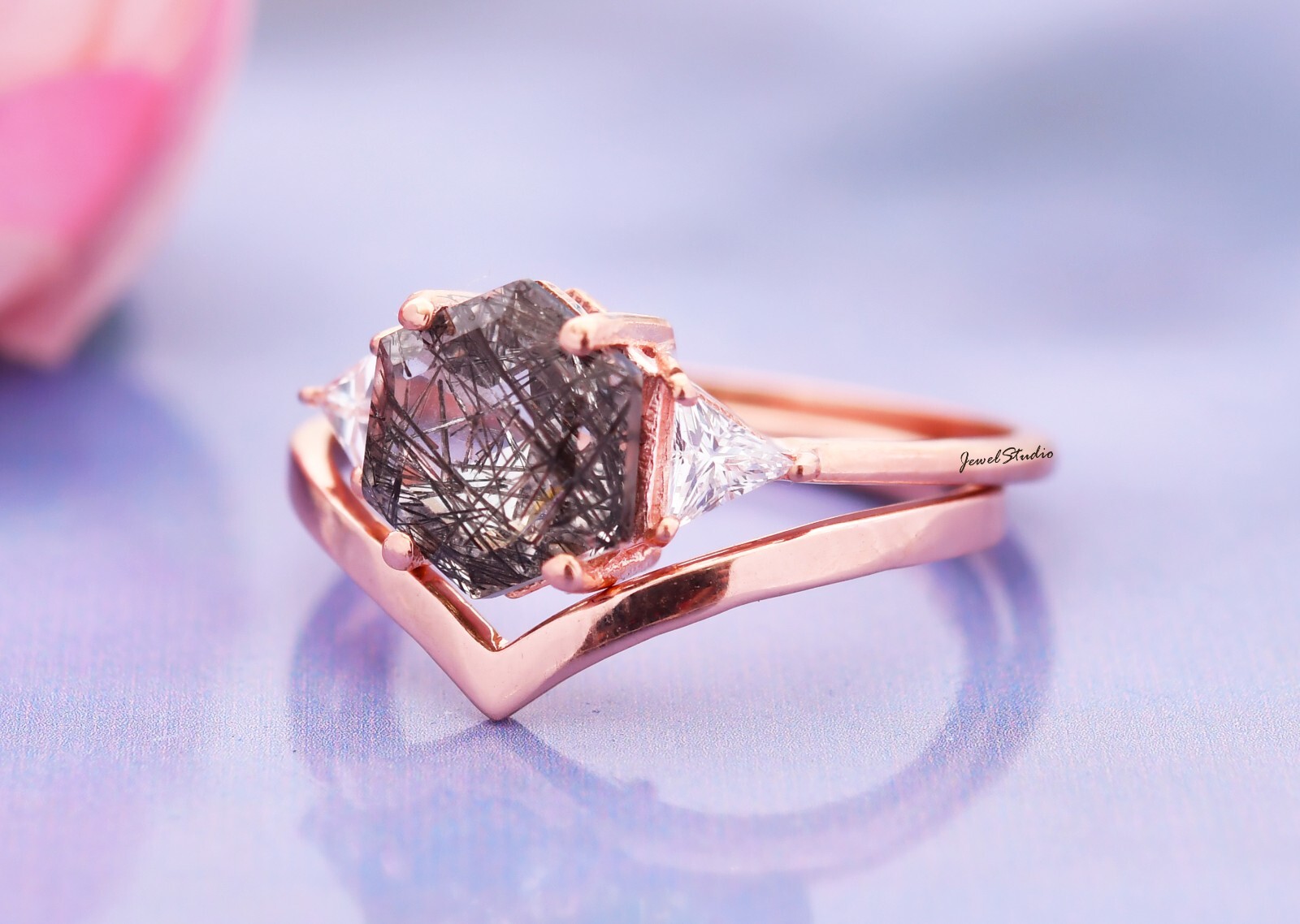 Rutile Ring set Quartz Ring Engagement Ring Bridal Band Ring Wedding Ring Gifts