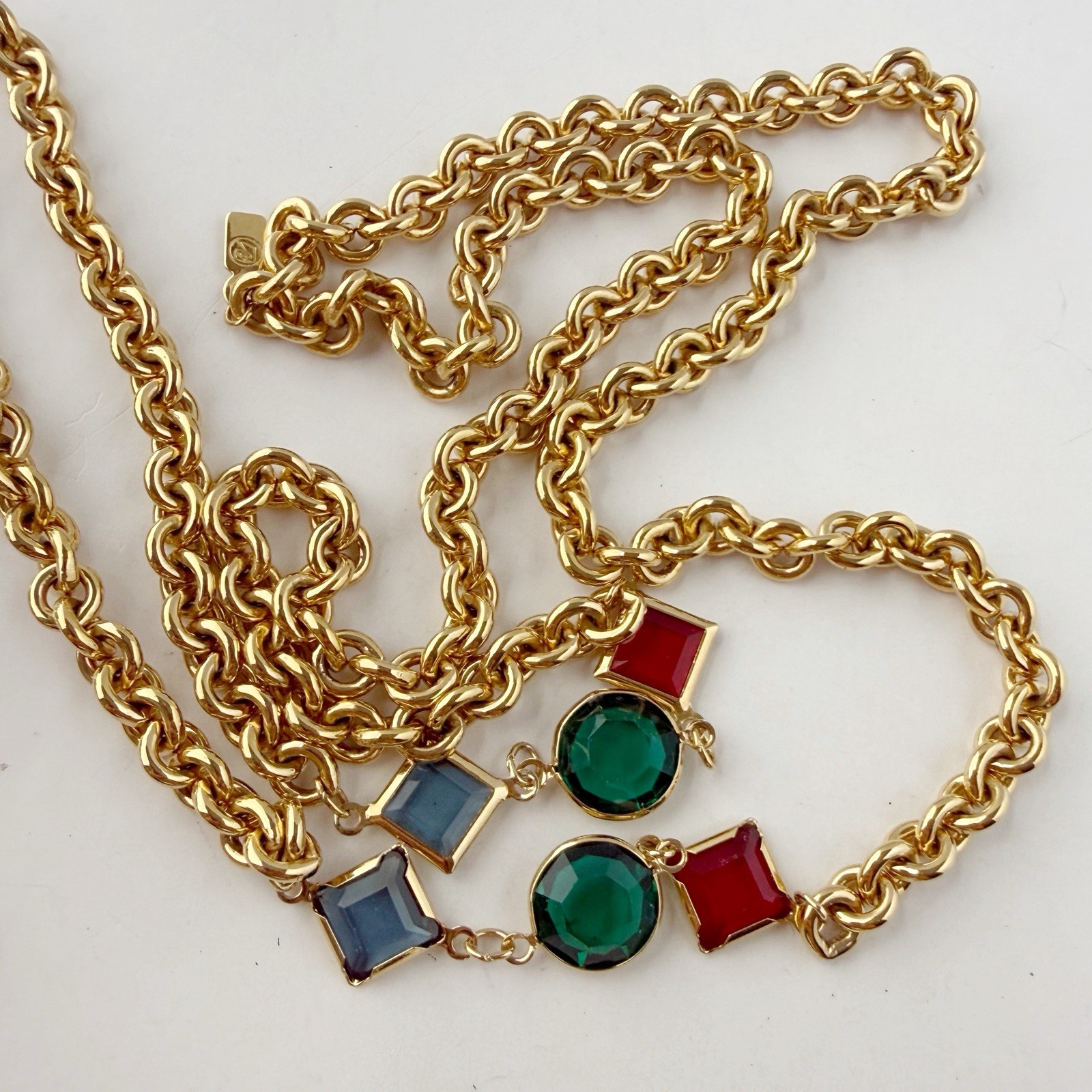 Vintage Swarovski Multicolor Bezel Set Crystal Tassel Chain Necklace FLAWS