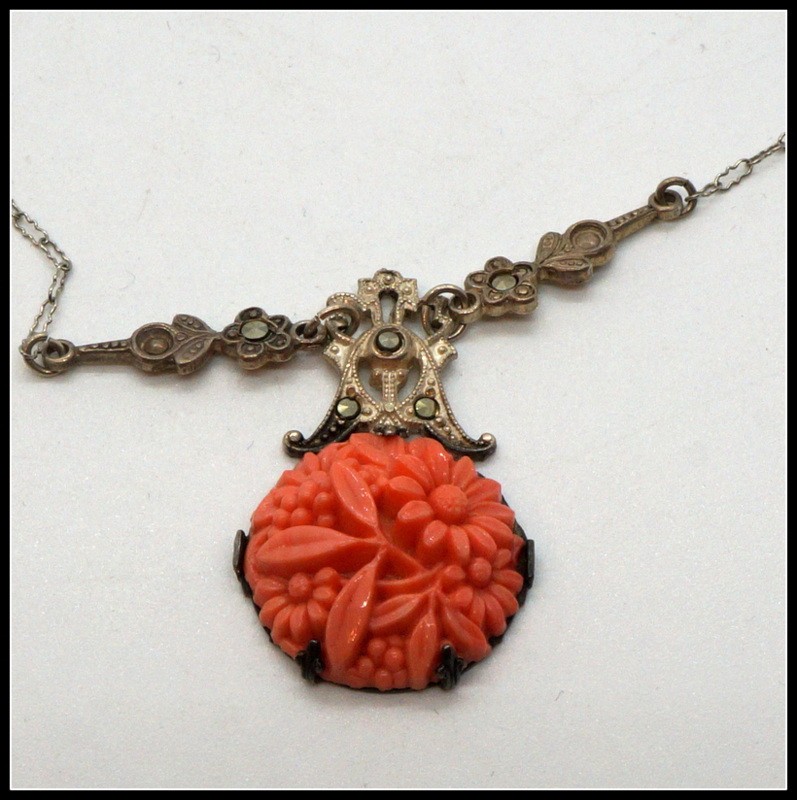 Vintage Art Deco Sterling Silver Marcasite & Molded Coral Glass Flower Pendant