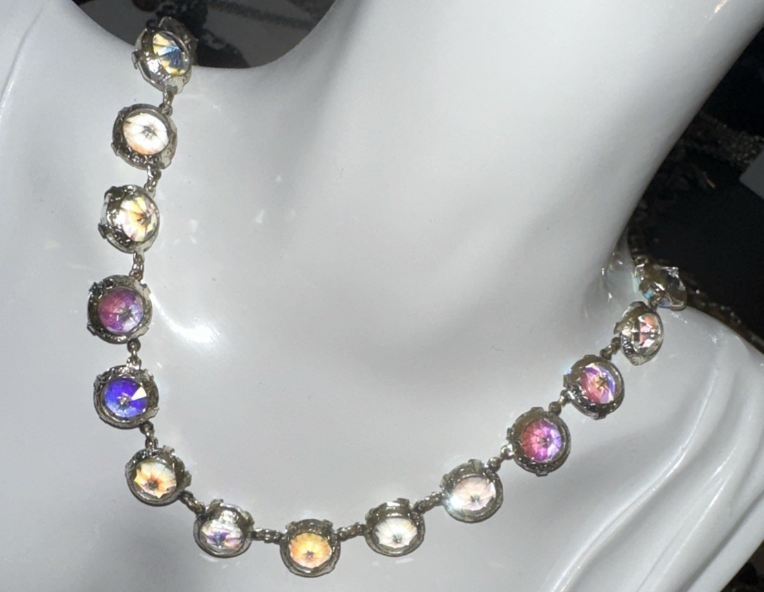 Vntg 1950’s Art Deco Revival AB Faceted Crystal Riviere Necklace Elegant Shimmer
