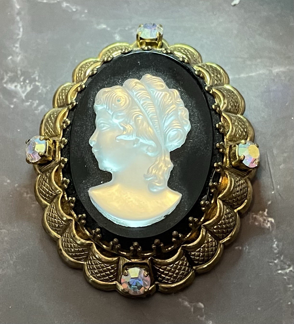 20th Century W German Gold Filigree Carved Glass Cameo Austrian Crystal Brooch
