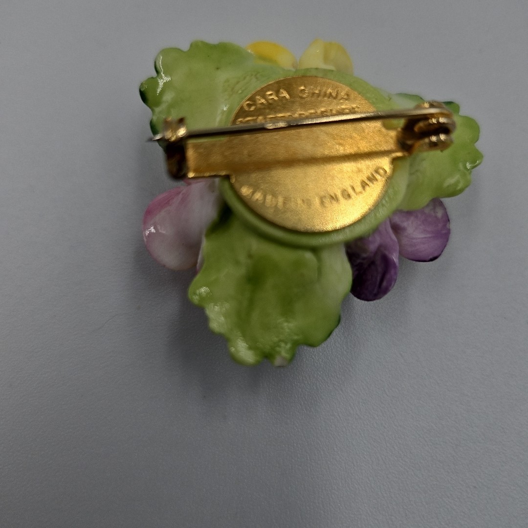 Cara China Staffordshire Pansy Purple, Pink & Yellow Brooch Pin Signed England