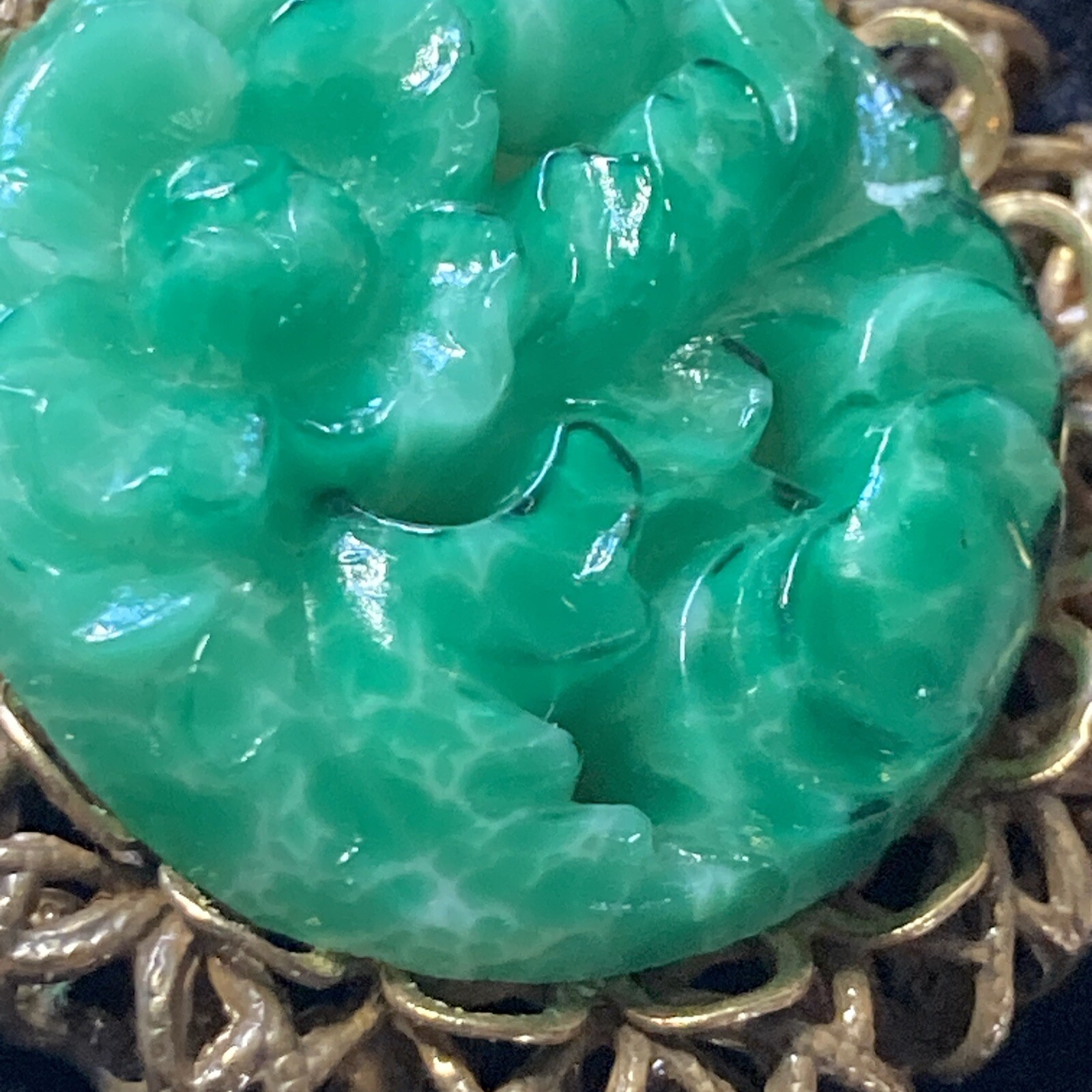 vtgAntq 3 Strand chains Art Deco 2 pendant Faux Jade molded Glass elegant detail