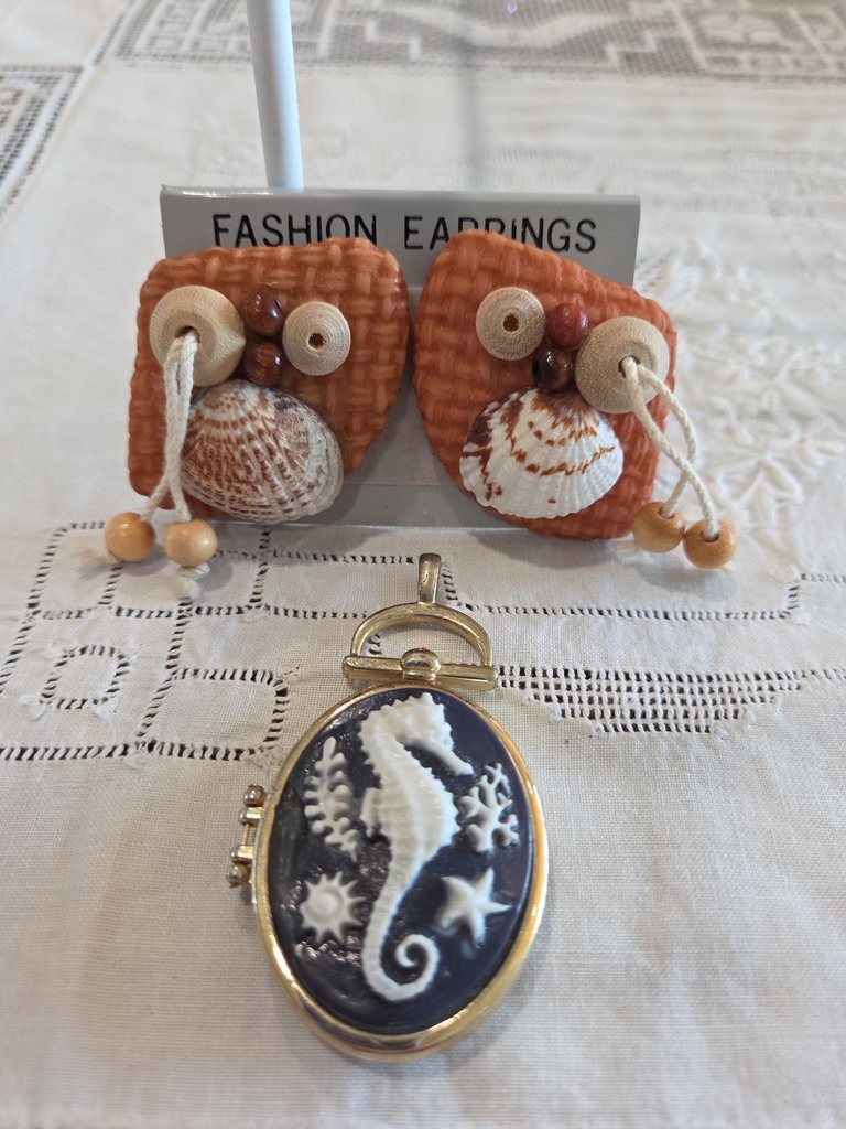 Vintage Seahorse Cameo Locket and Shell Earrings Set