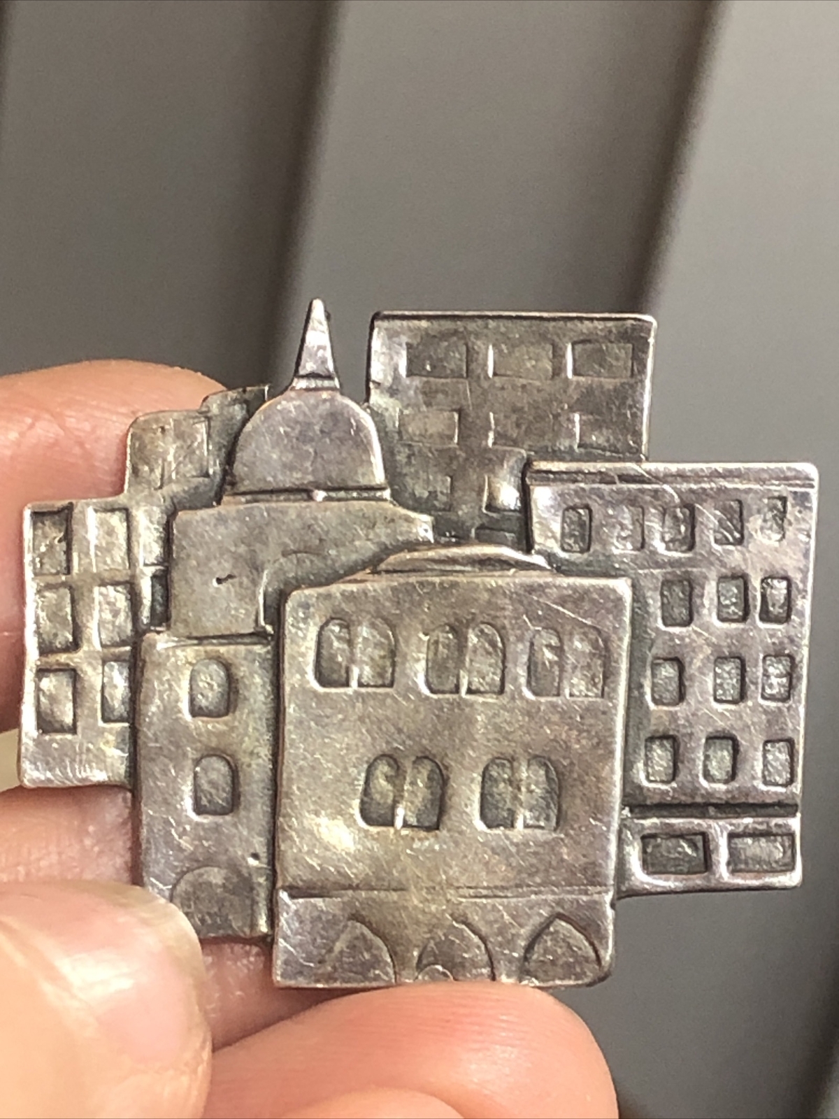 Vintage Signed 925 Sterling Silver City Cityscape Buildings Pin 9.8g
