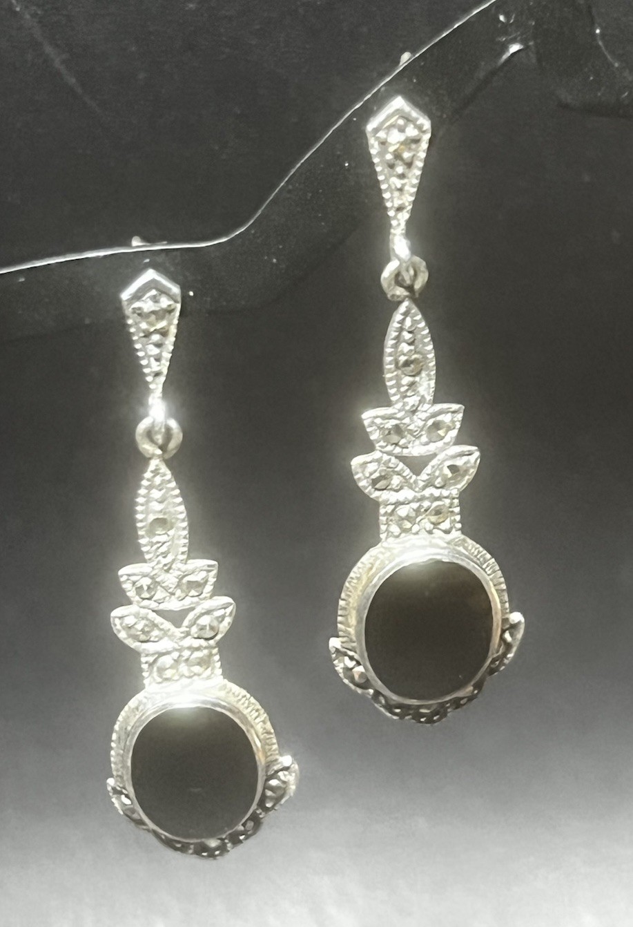Vintage CW Marcasite Onyx Sterling Silver Drop Dangle Pierced Earrings