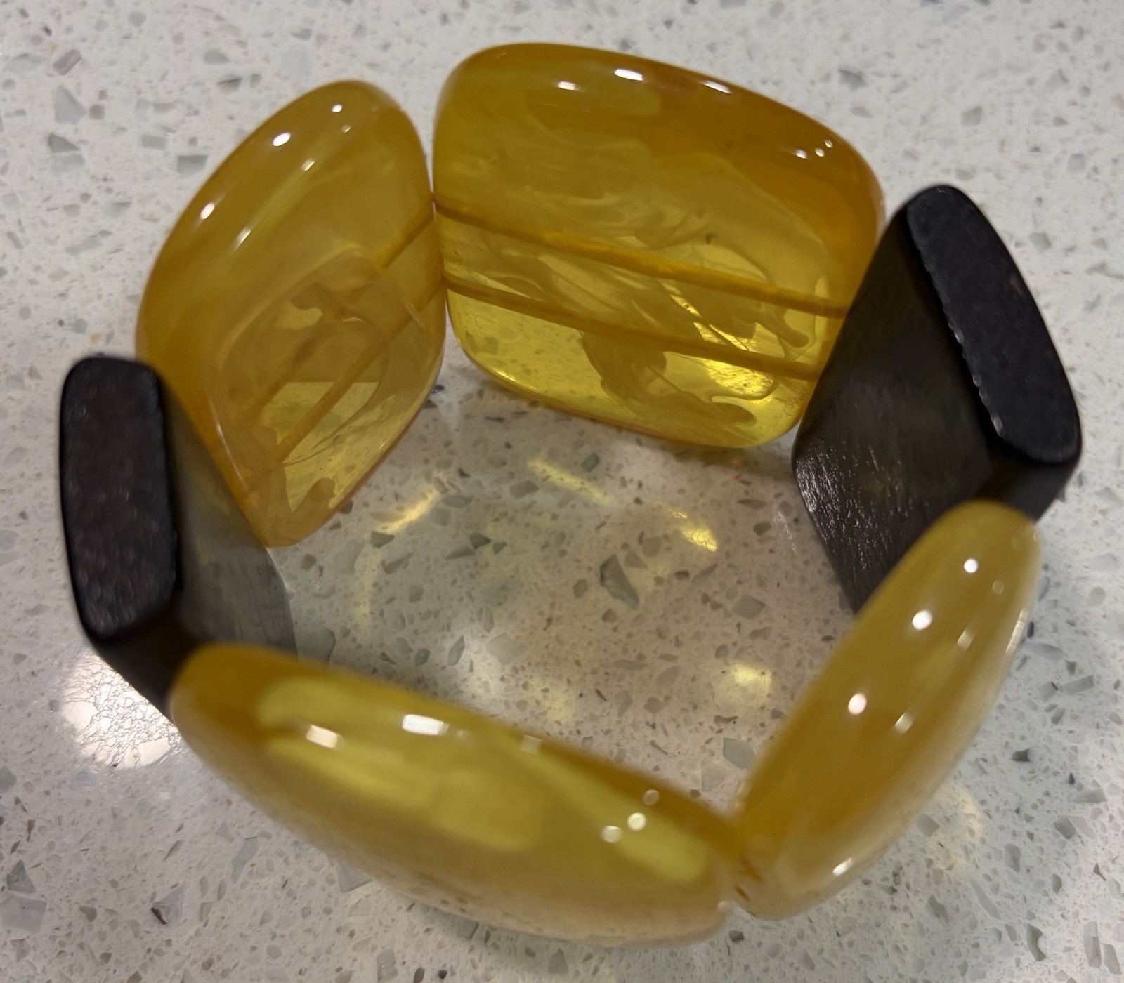 Vintage Amber Resin Swirl and Wood Stretch Bracelet Mid Century