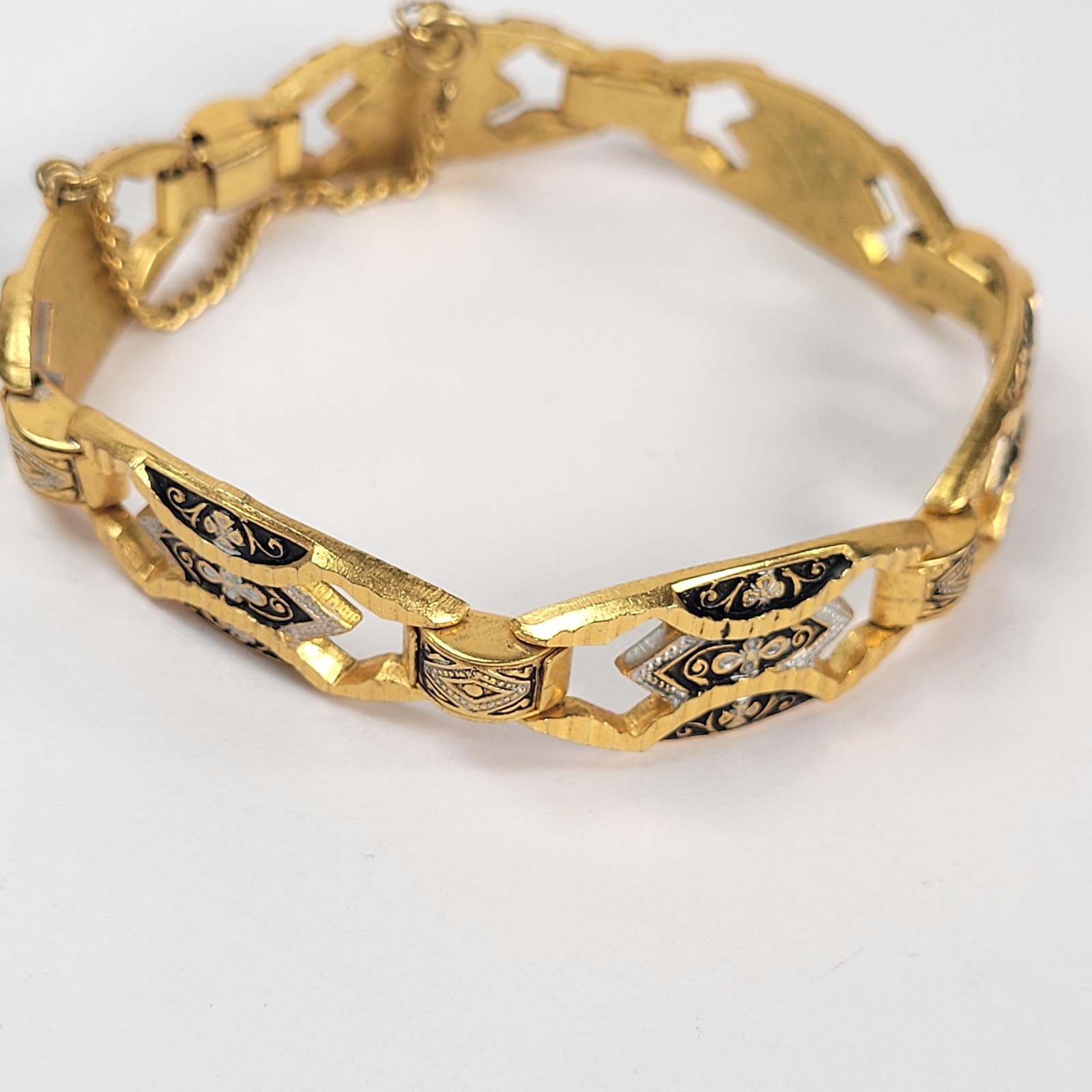 Gold Tone Damascene Link Bracelet Black Enamel Floral Safety Chain Jewelry 7in