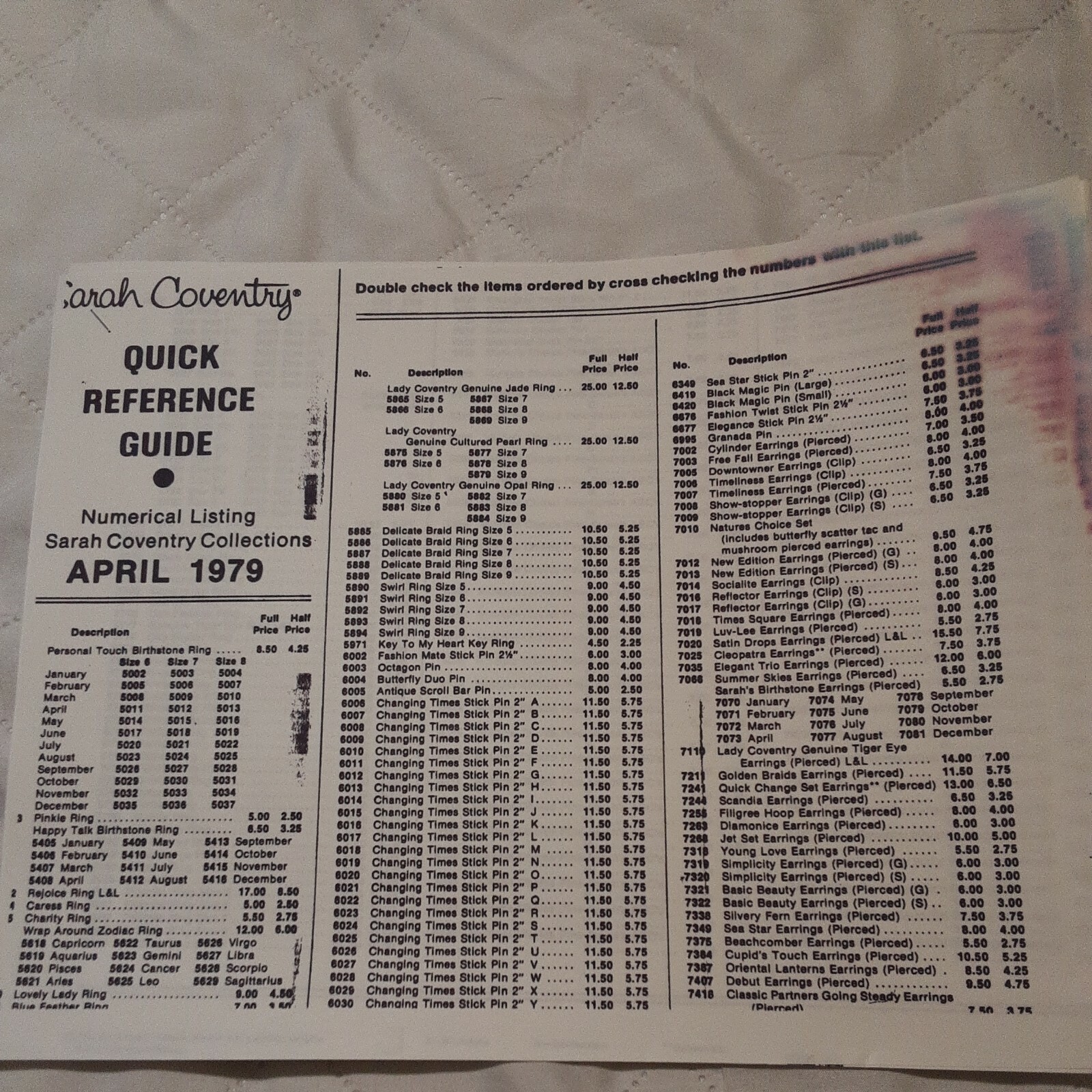 PRINTED COPY OF A April 1979 “QUICK REFERENCE GUIDES ” SARAH BOOK 4 PAGES