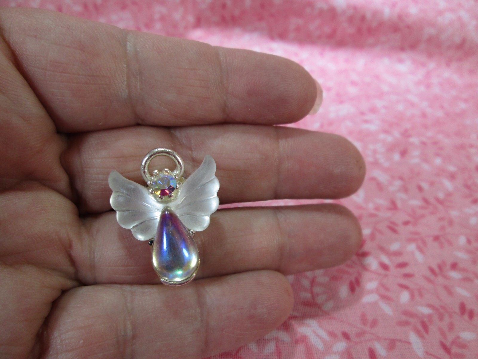 Rare! Vintage LIT USA Silver Tone Faux AB Lucite & Rhinestone Angel Lapel Pin /S