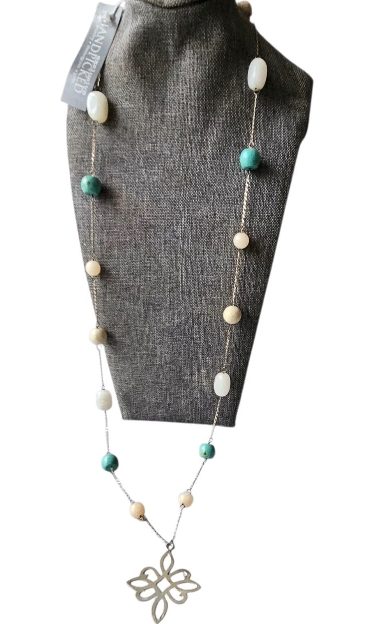 Sterling Silver HandPicked Necklace 925 Medallion Chain Semi Precious Stones 34″