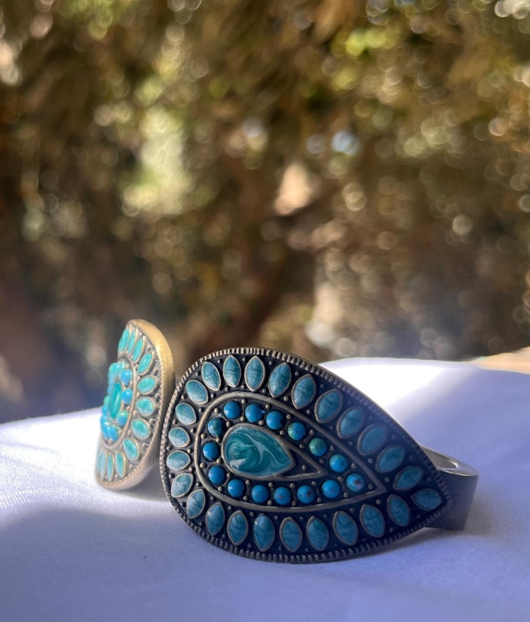 Vintage Antique Bronze Turquoise Faux Stone Statement Hinged Cuff Bracelet