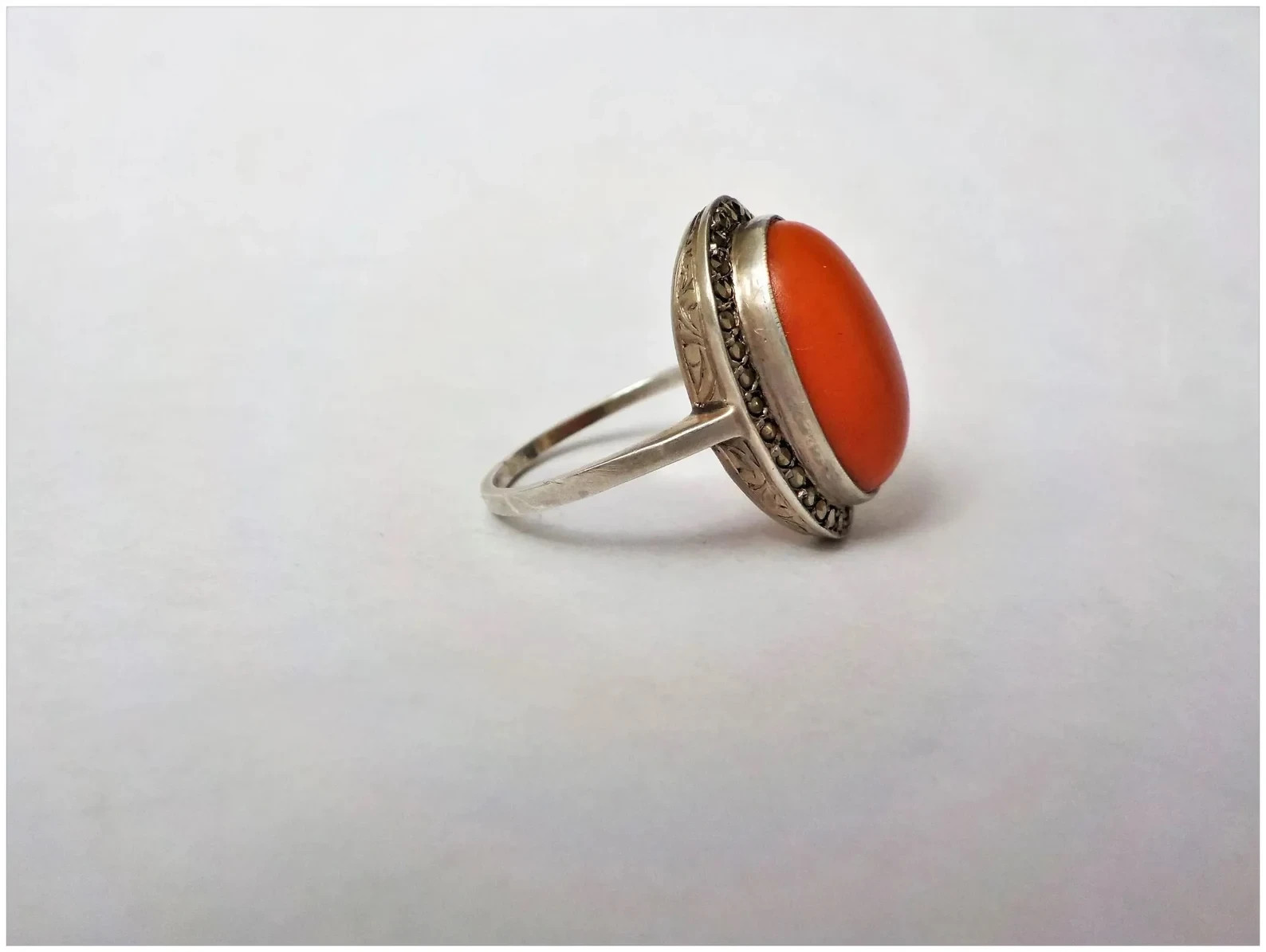 Vintage Art Deco Large Oval Red Coral Marcasite Sterling Silver Ring