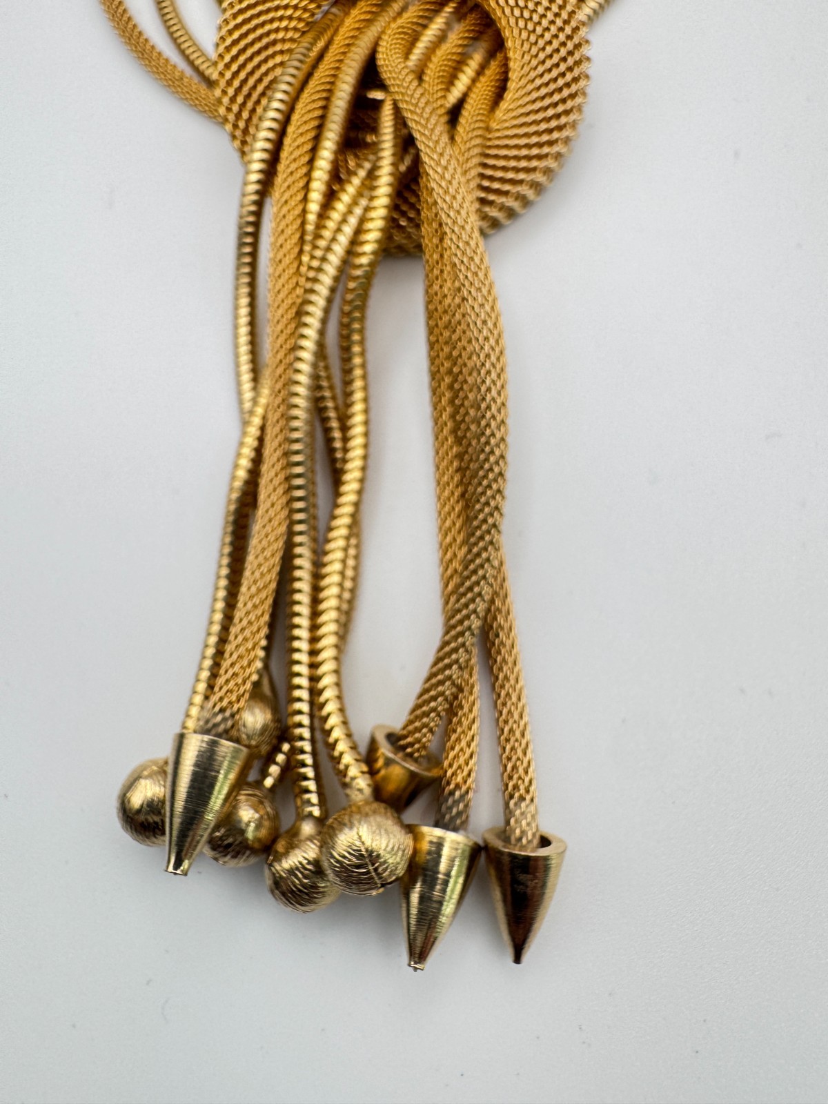 Vintage Mesh Necklace Multi Strand Snake Chain Tassel Knot Fringe Gold Tone