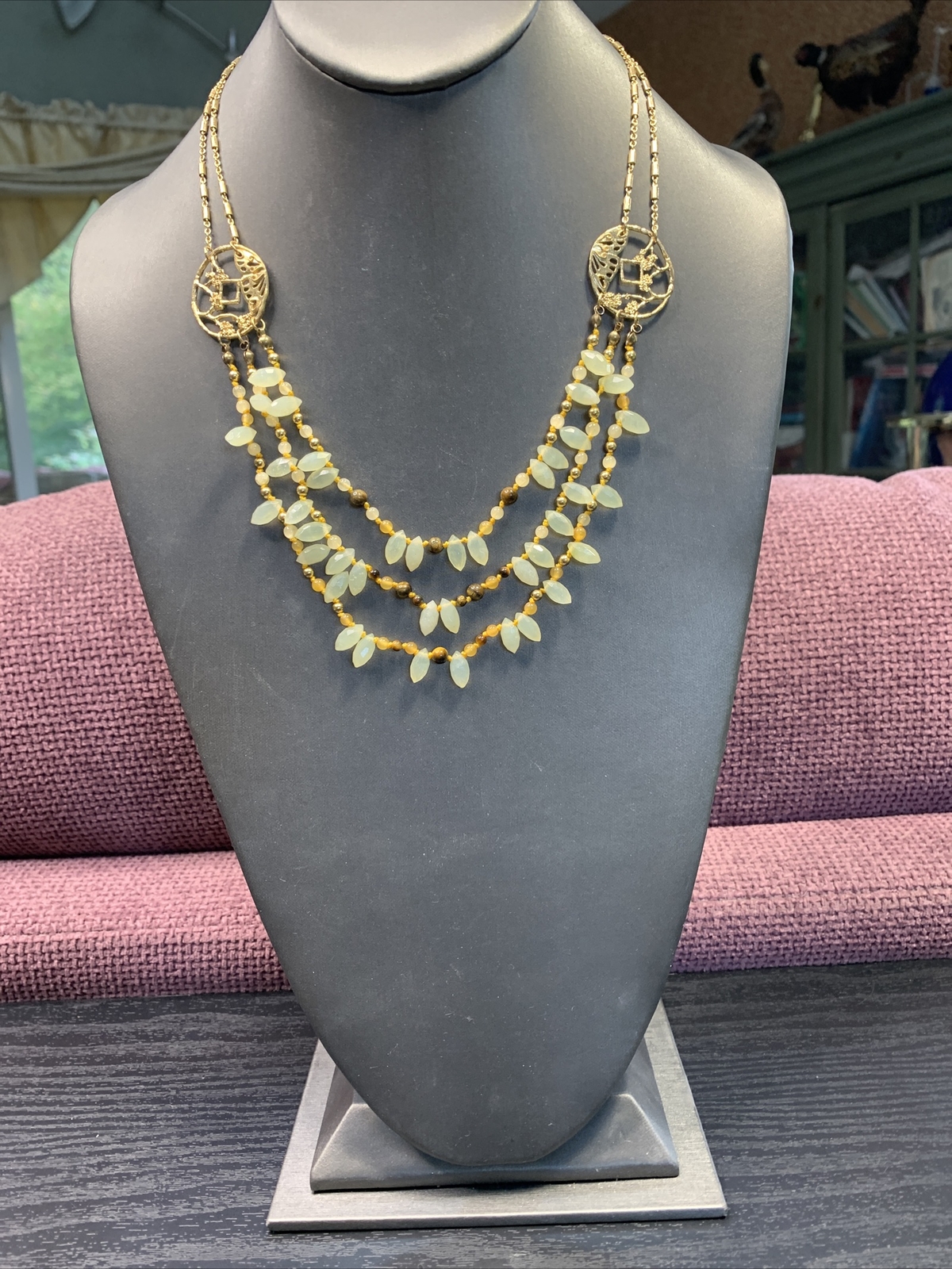 Vintage Tiger’s Eye Pale Green Jade Layered Oriental￼ 3 Strand Necklace 18”