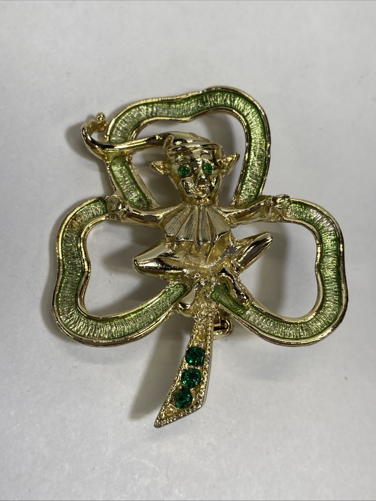 Signed BJ Leprechaun Shamrock Brooch Pin With Emerald Green Rhinestone Eyes