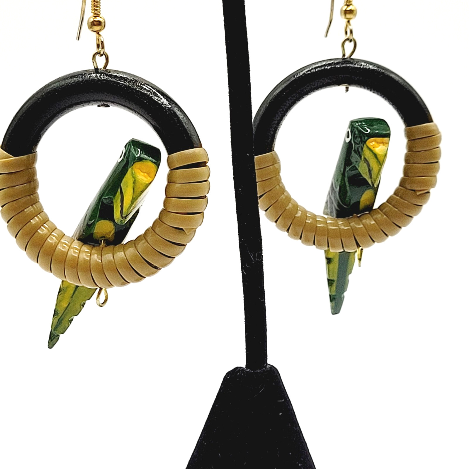 Parrot Macaw Tropical Hand Painted Carved Bird on Hoop Hook Pierced Vtg Earrings