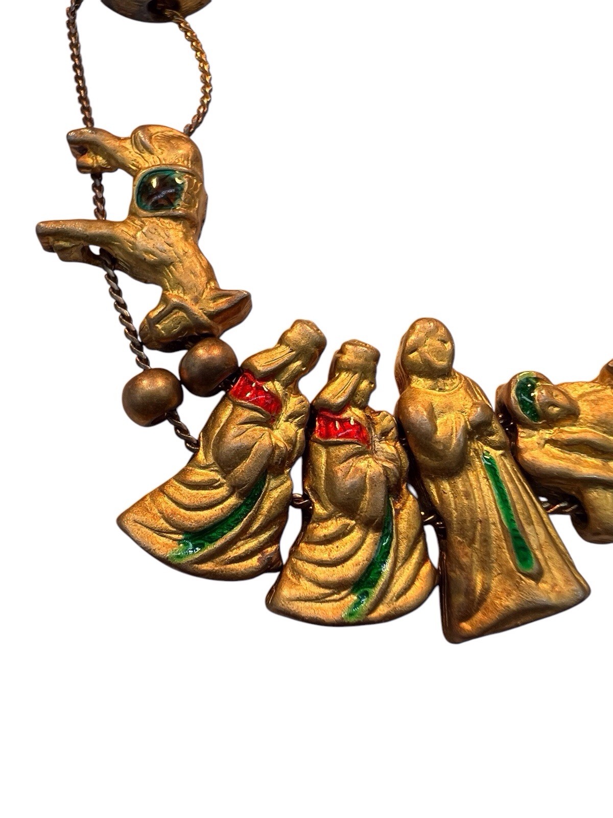 Christmas Nativity Gold-Tone Enamel Charm Slide Bracelet Signed Two Sisters WB