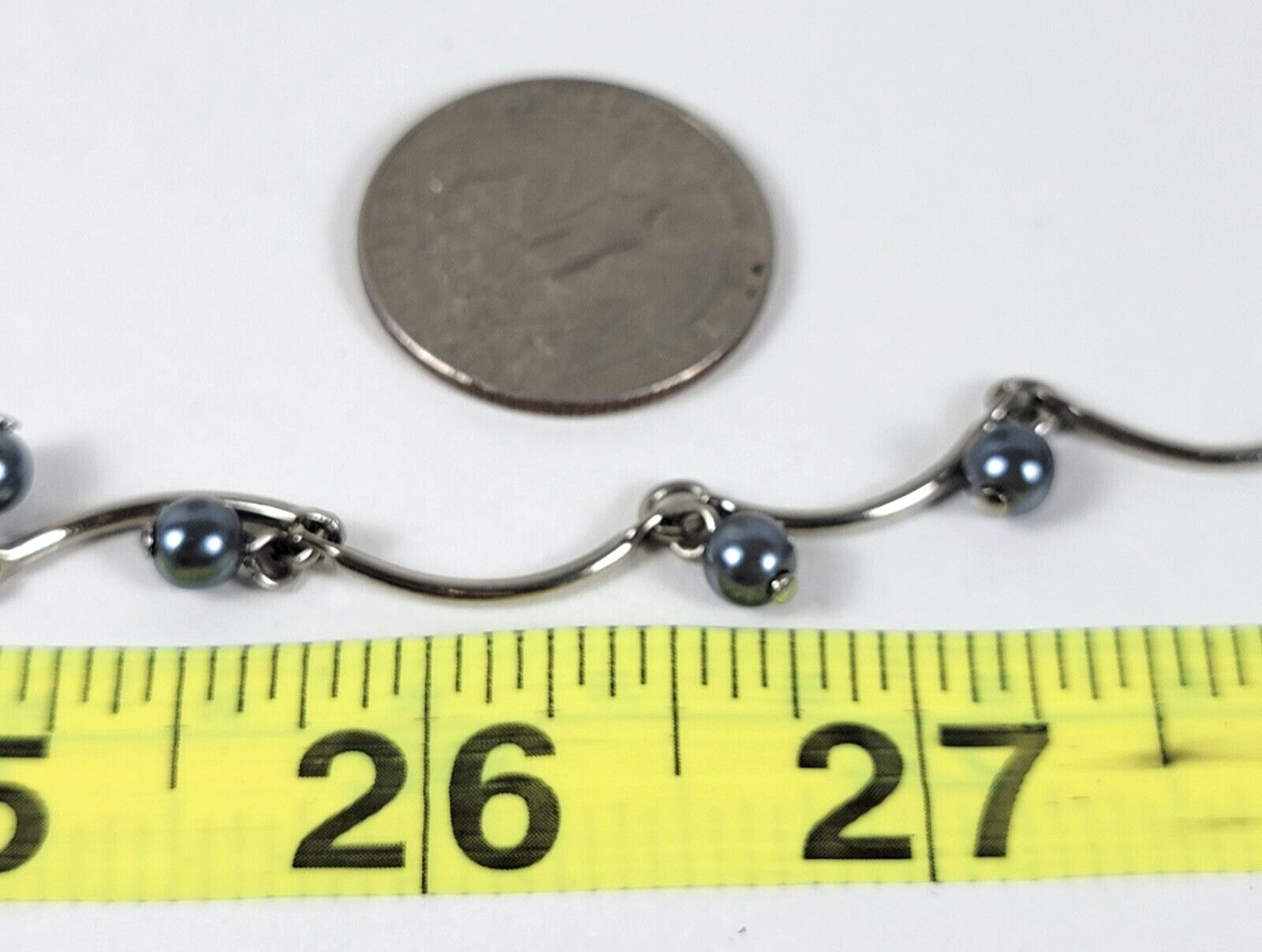 Avon Silver-Tone Bar Link Chain Gray Faux-Pearl Charm Station Necklace 17.5 In