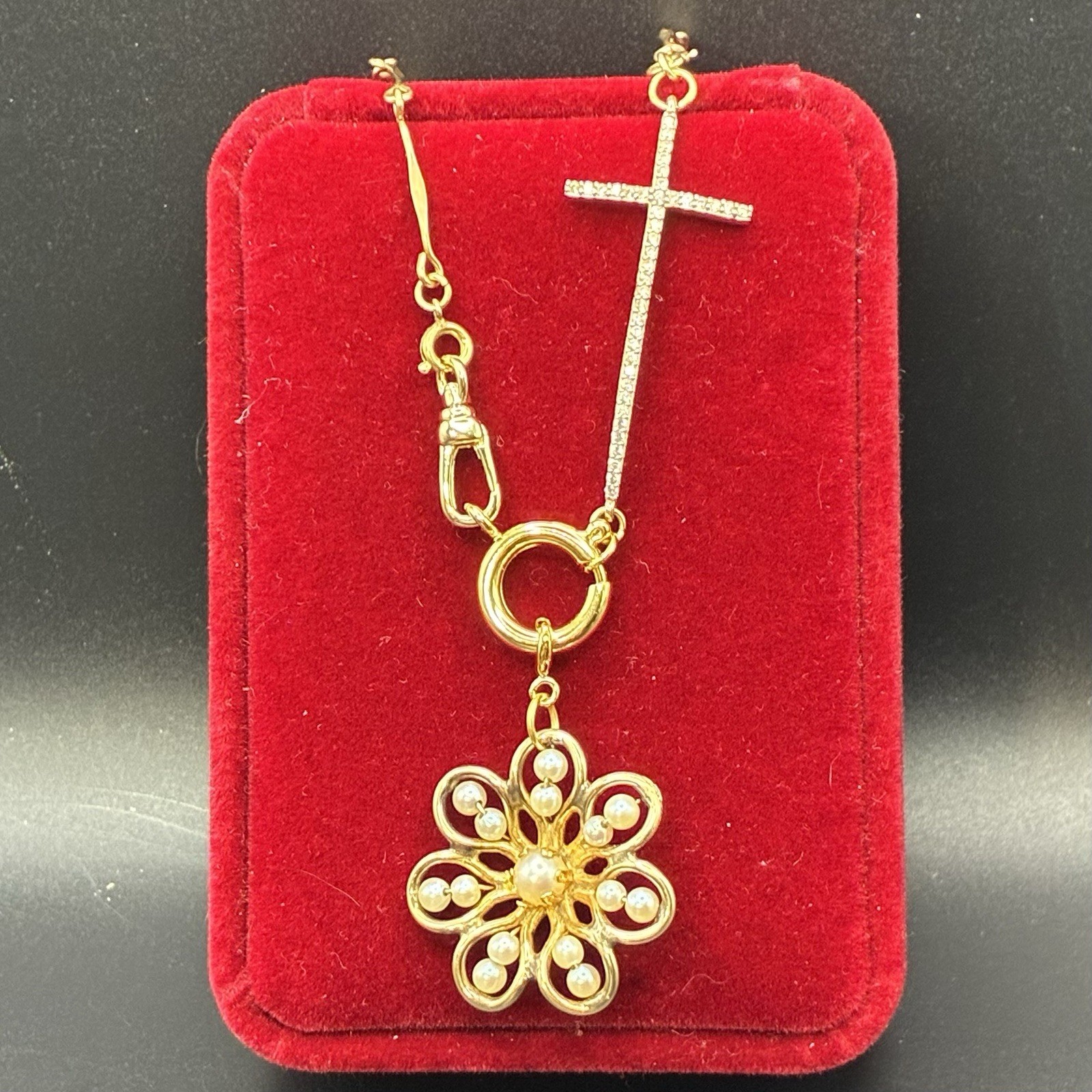 Vintage 12k Gold Filled Pocket Watch Chain FOB, Dog Clip, Cross & Pearl Charms