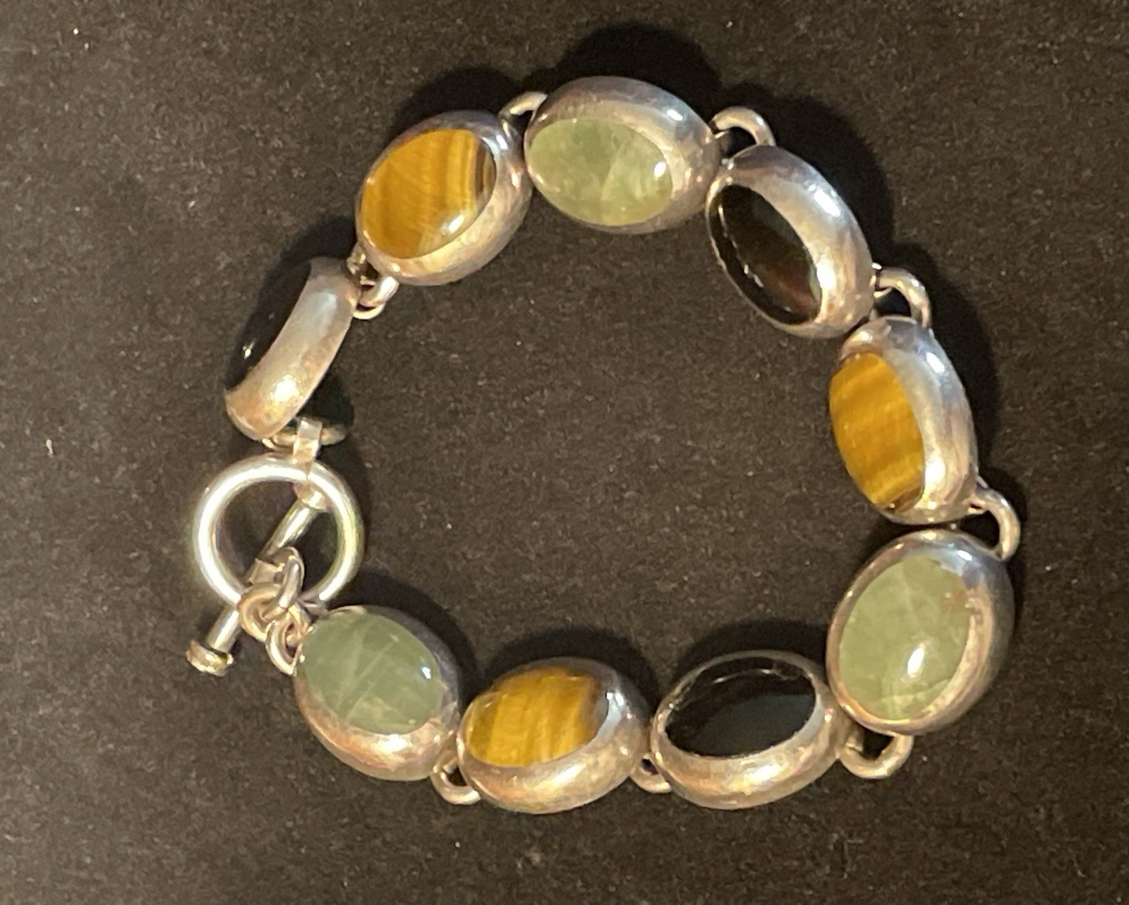 Vintage Taxco Sterling Silver Jade, Tigers Eye & Onyx Chain Link Bracelet. 7”
