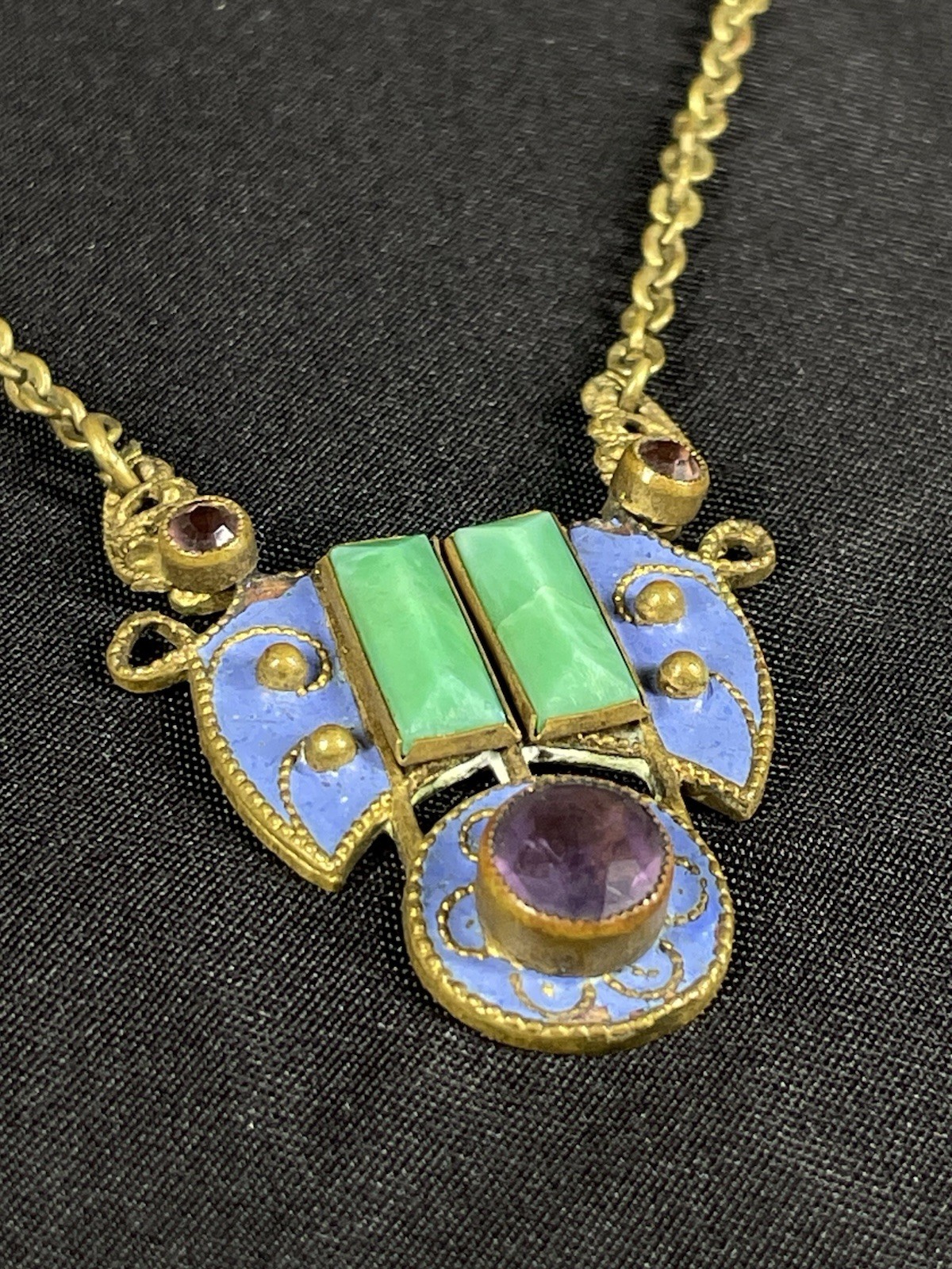 Art Deco Bright Blue Enamel With Green & Purple Stones 13”Choker Necklace