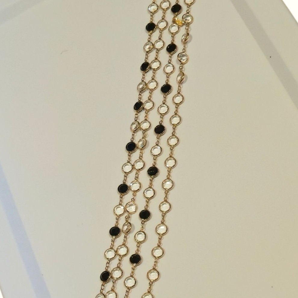 Vintage Swarovski Crystal Necklace Black & Clear Signed Gold Tone double strand