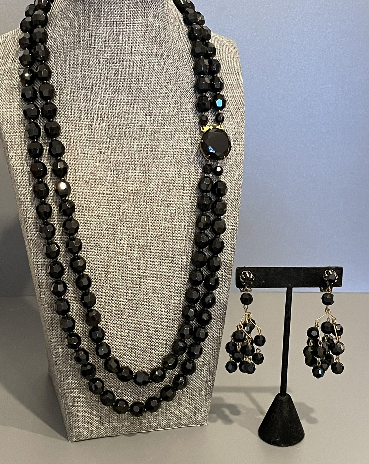 Vintage Faceted Jet Black Glass Bead Necklace West Germany – Clip On Earrings