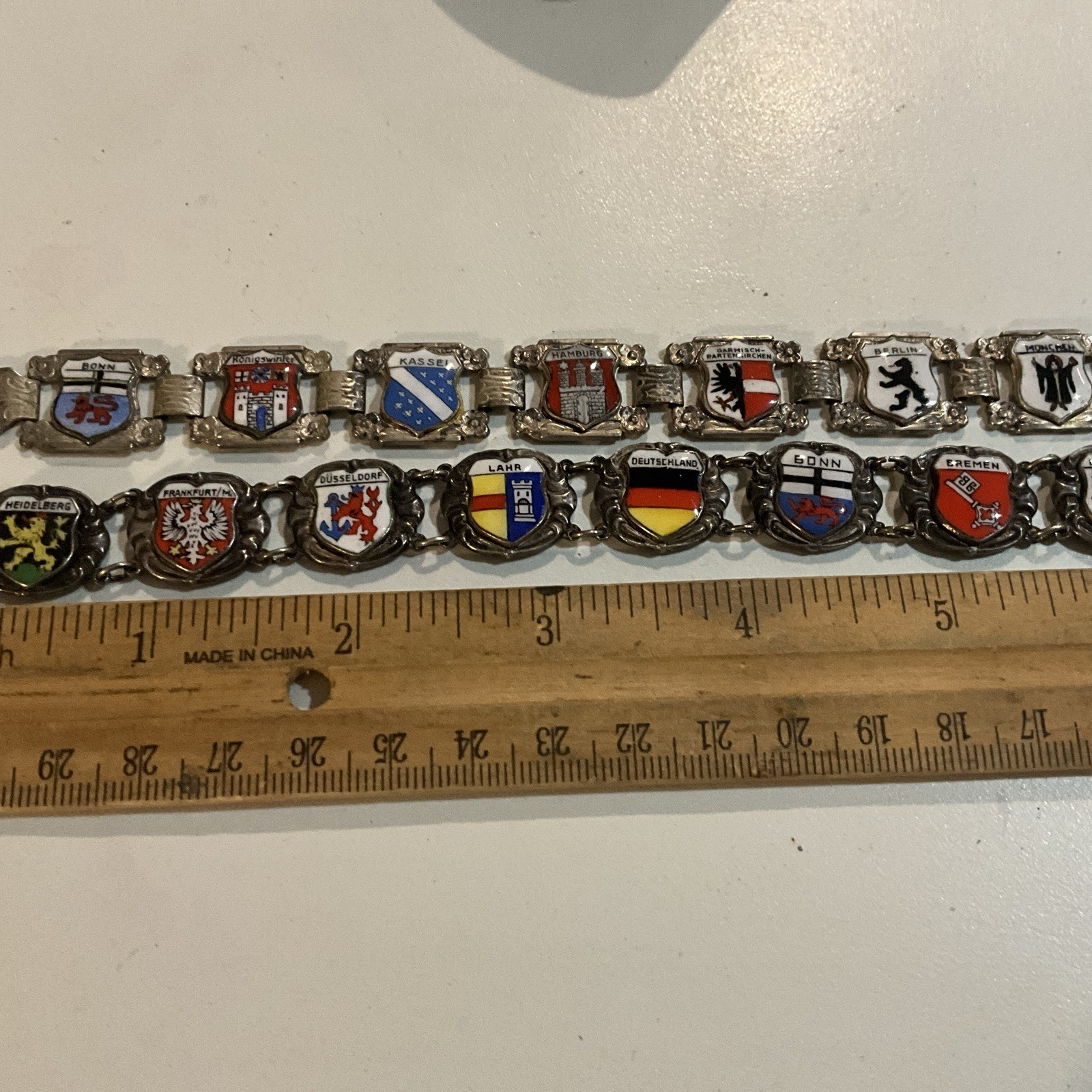 2 Vintage Coat Of Arms Heraldic Enamel Panel Bracelet 1950s GERMANY SILVERPLATED