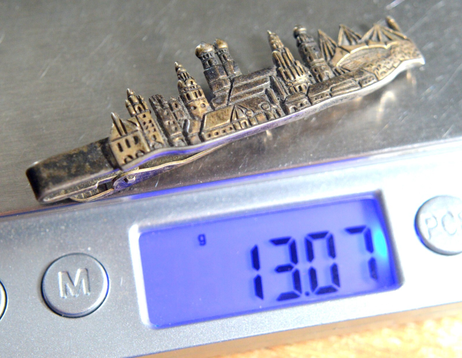 VINTAGE 925 STERLING SILVER CITY VIEW BUILDINGS EUROPE TIE CLASP BAR